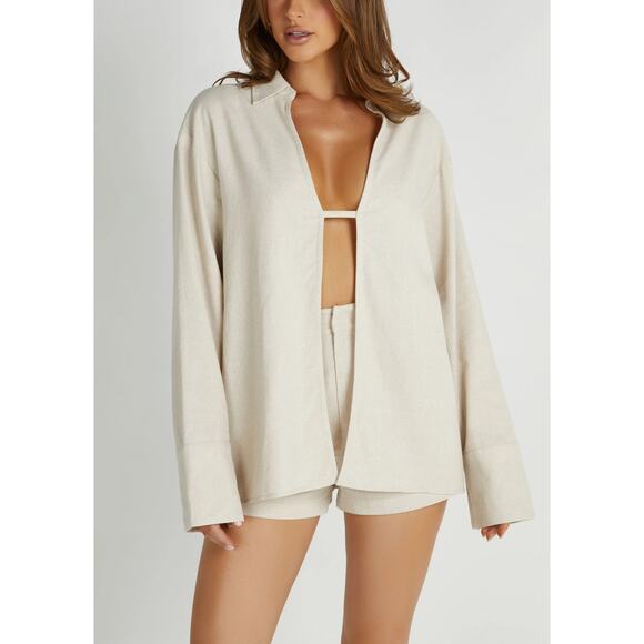 Meshki Women's Nour Oversized Linen Shirt Long Sleeve Natural Size Small - Picture 1 of 8